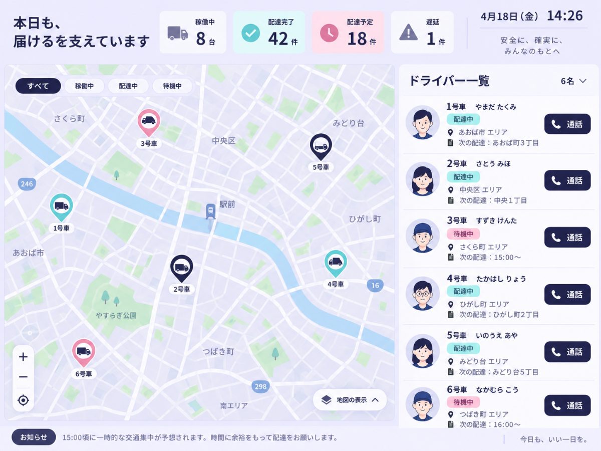 配車担当者向けの画面イメージ。地図に車の位置、右にドライバー一覧と通話ボタン