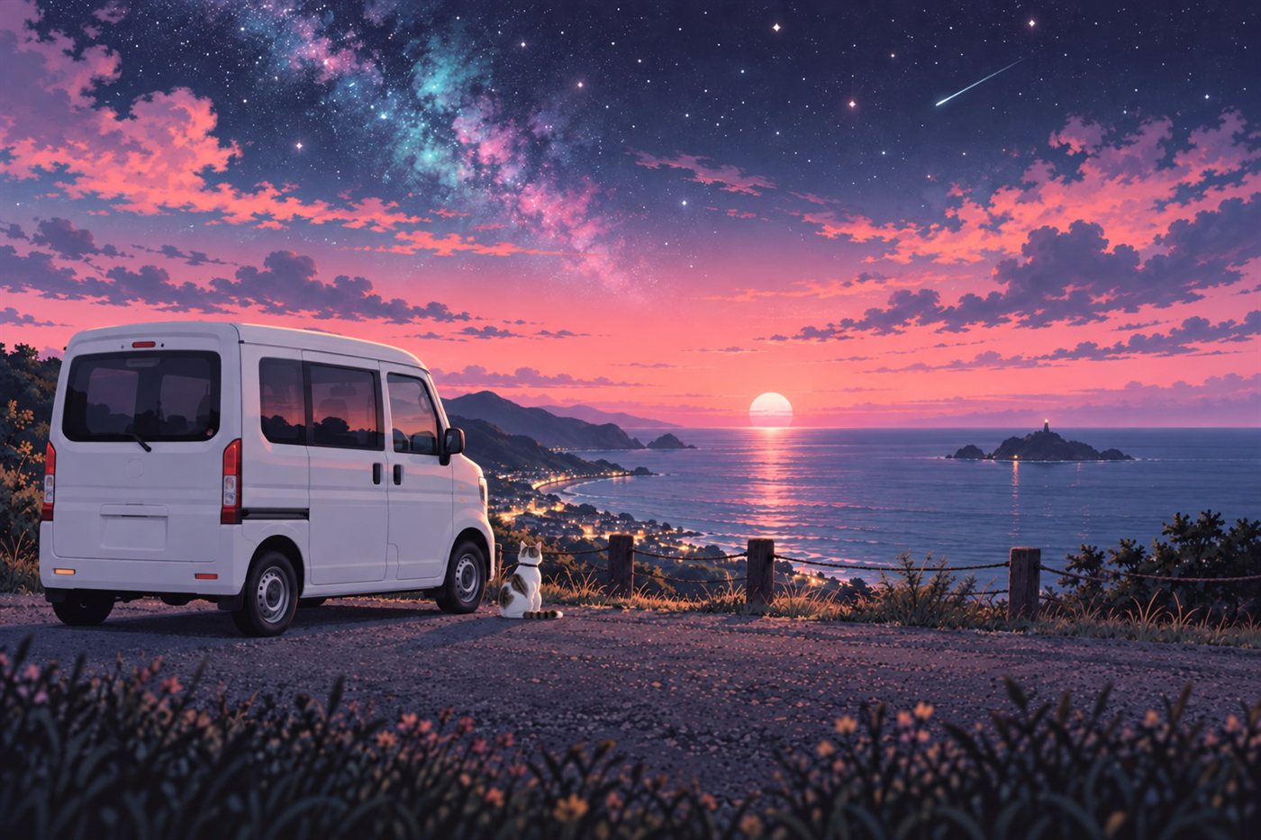 夕焼けの海辺に停まった白い軽バンと、そばに座る白キジ猫のトムのイラスト