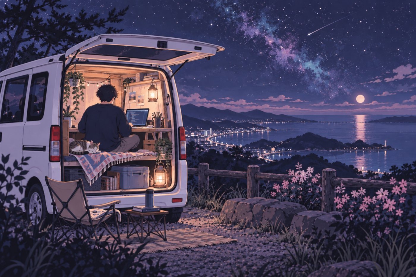 軽バンのバックドアを開けてノートパソコンで開発する人と、隣で丸くなる白キジ猫のトムのイラスト