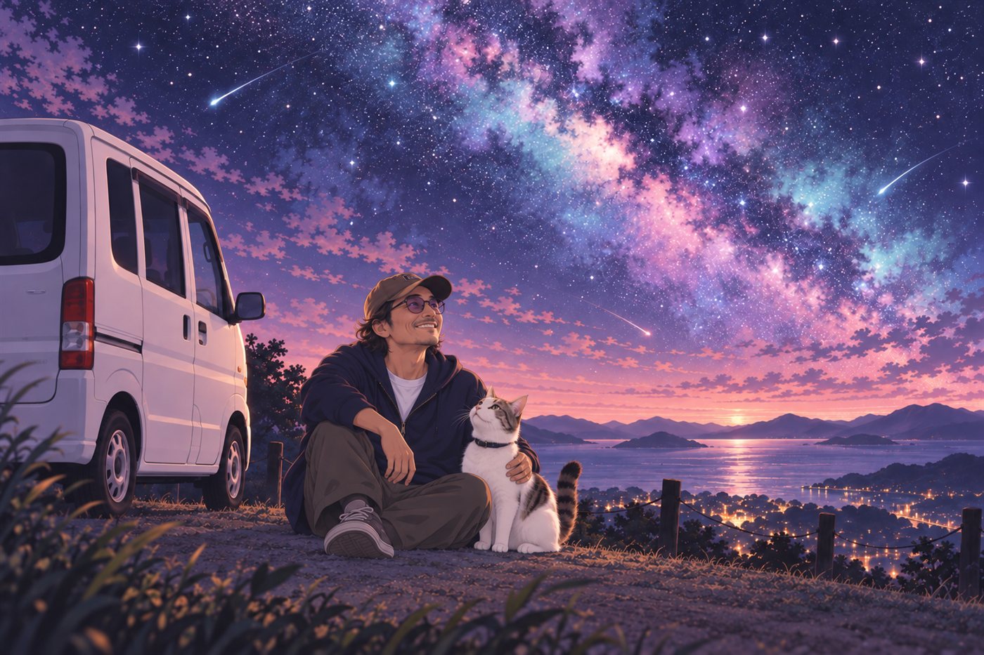 軽バンの横で、キャップとメガネの所長が、白キジ猫のトムをなでながら星空を見上げているイラスト